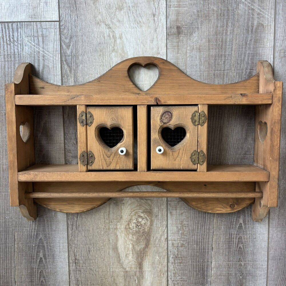 Vtg Wood Heart Door Wall Knick Knack Curio Trinket Shelf Knobs Cottage Farmhouse